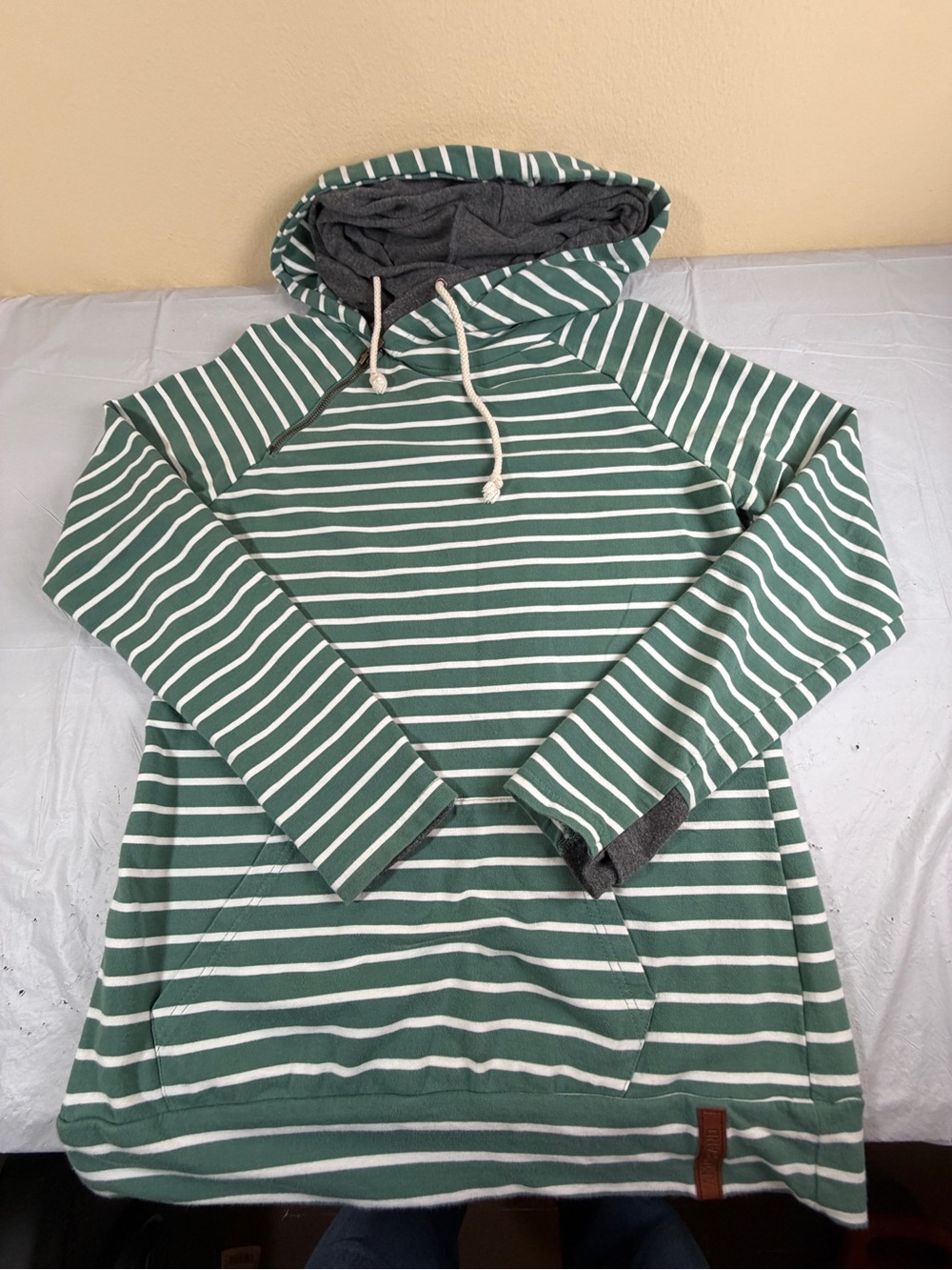 AMPERSAND AVE Green and White Striped Zipper Hooded Sweatshirt